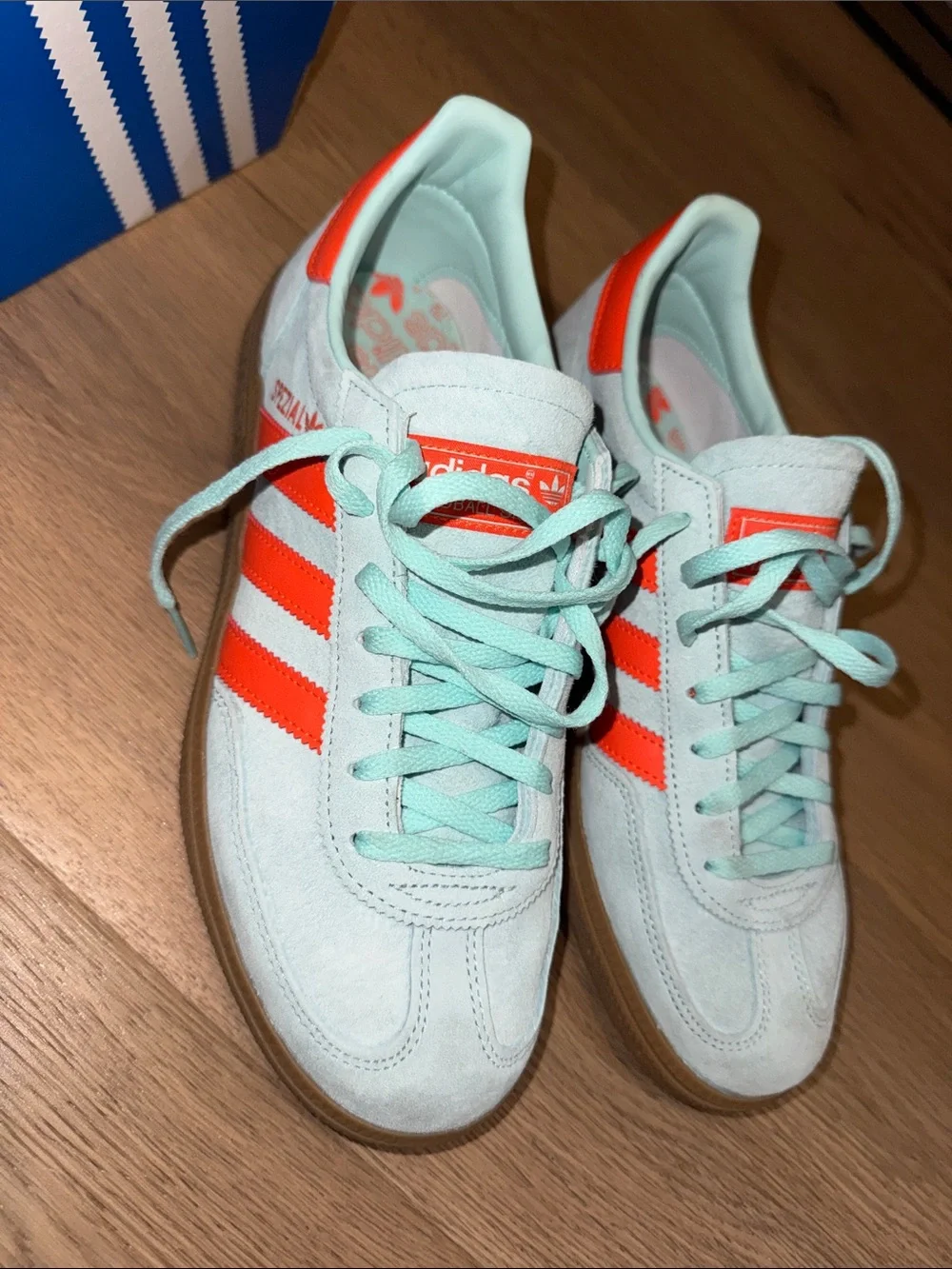 Adidas Originals Handball Spezial Sneakers in Aqua and Orange with Gum Sole
